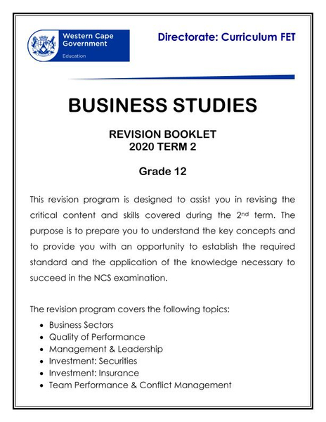 Grade 12 Business Studies Term 2 Revision Resource (FET)