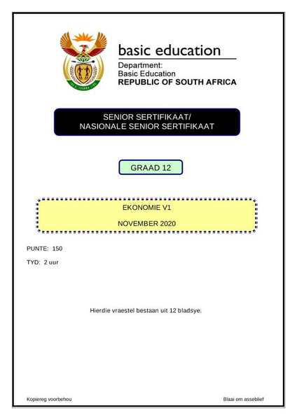 Ekonomie Vraestel 1 Graad 12 Mei/Junie 2021