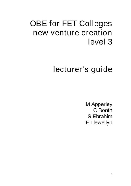Colleges New Venture Creation Level 3 Lecturer's Guide