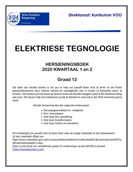Elektriese Tegnologie Hersieningsmateriaal Graad 12 Kwartaal 2 (CAPS)