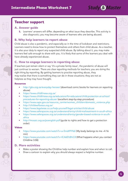 Study and Master Intermediate Phase Worksheet 7 Teachers Support
