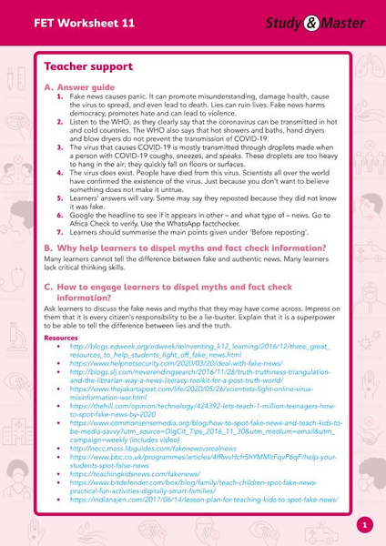 Study and Master FET Phase Worksheet 11 Teacher Support