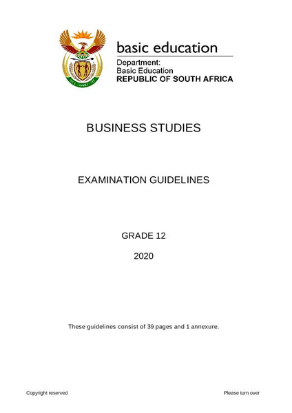 Business Studies: Examination Guidelines Grade 12 2020 (CAPS)