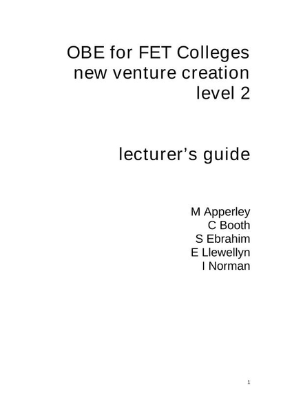 Colleges New Venture Creation Level 2 Lecturer's Guide
