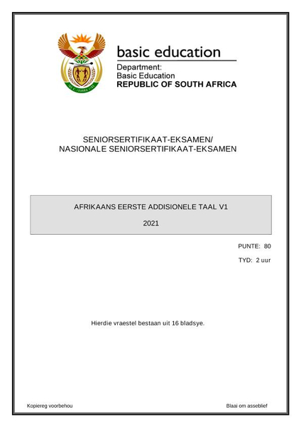 Afrikaans Eerste Addisionele Taal V1 Graad 12 Mei 2021