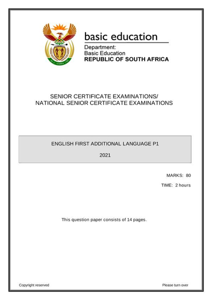 English First Additional Language P1 Grade 12 May 2021