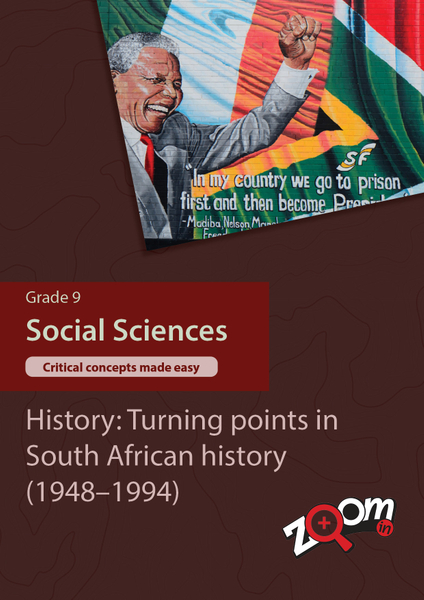 Social Sciences  Grade 9 Topic 8: History: Turning points in South Africa history (1948-1994). Visually rich, interactive content with fun activites and language support.